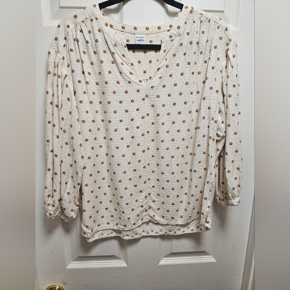 Polka Dot Cream Melrose & Market Beige Fall Long Sleeve Blouse Size S‎ 100%rayon